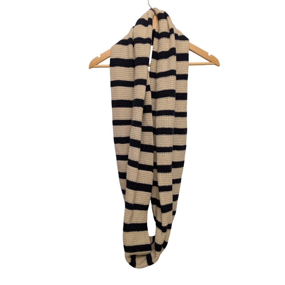 J. Crew Waffle Knit Striped Infinity Scarf Navy‎ Ivory Wool Blend Cozy Nautical